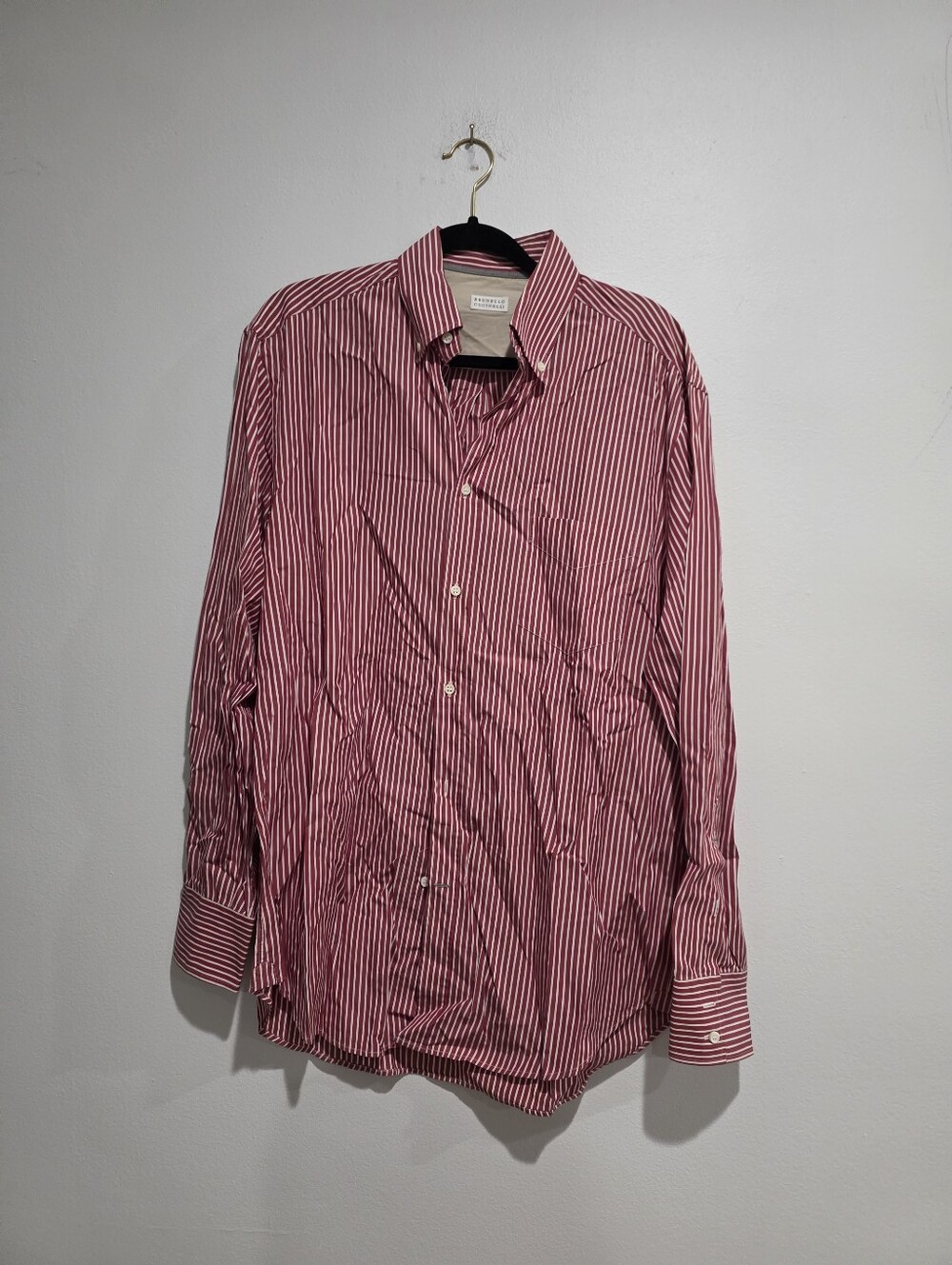 Brunello Cucinelli Men's Burgundy White Striped Button-Down Shirt Size XL